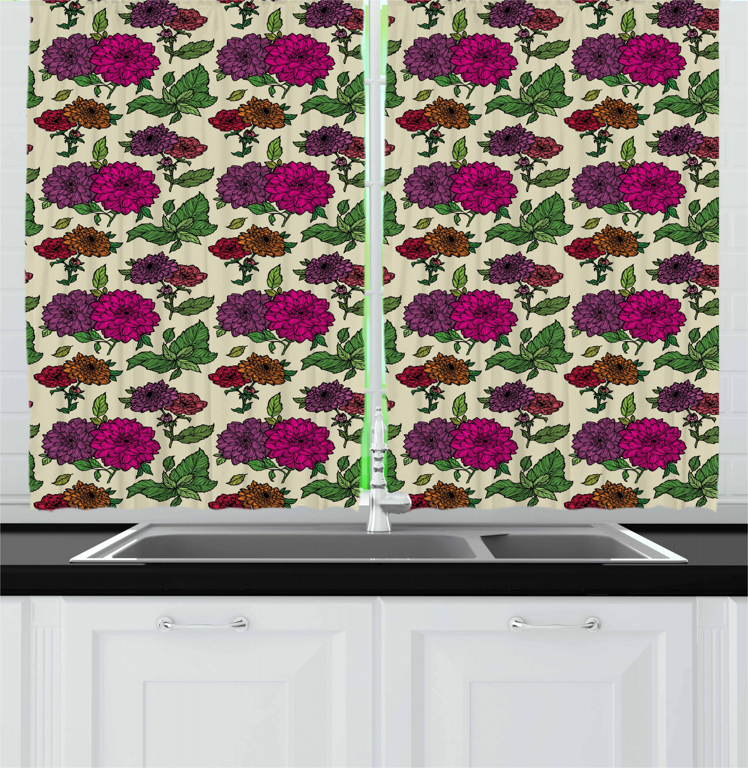 Aster Flower Kitchen Curtains 2 Panel Set Window Drapes 55" X 39" Ambesonne