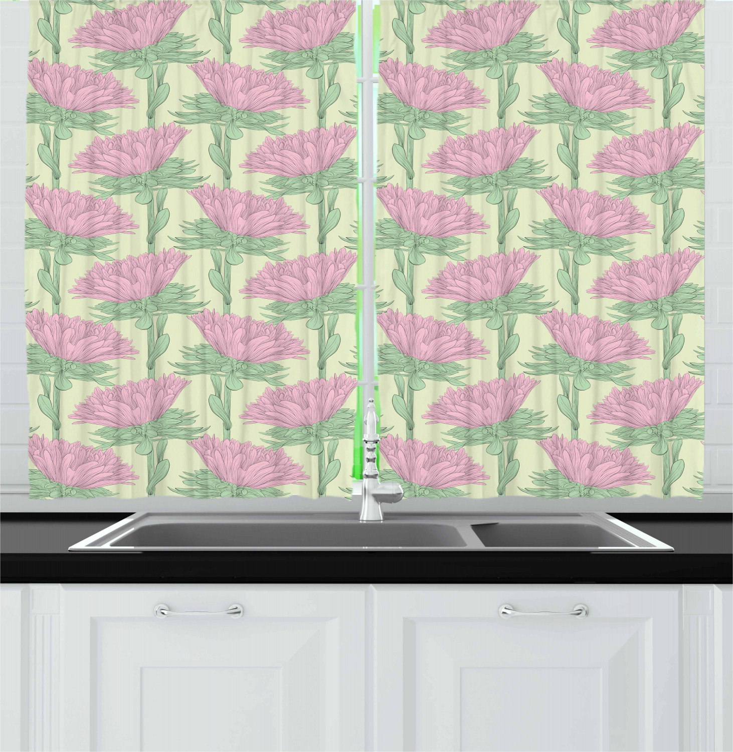 Aster Flower Kitchen Curtains 2 Panel Set Window Drapes 55" X 39" Ambesonne