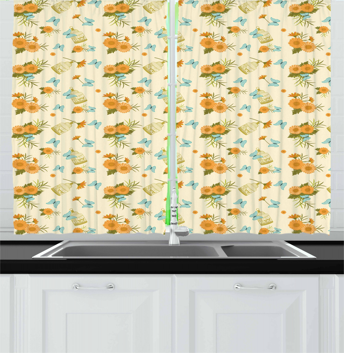 Aster Flower Kitchen Curtains 2 Panel Set Window Drapes 55" X 39" Ambesonne