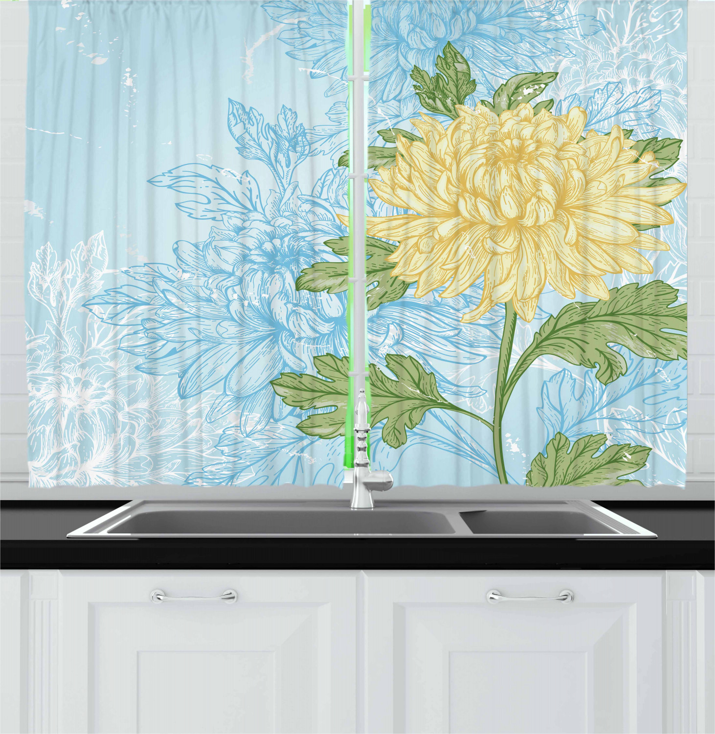 Aster Flower Kitchen Curtains 2 Panel Set Window Drapes 55" X 39" Ambesonne