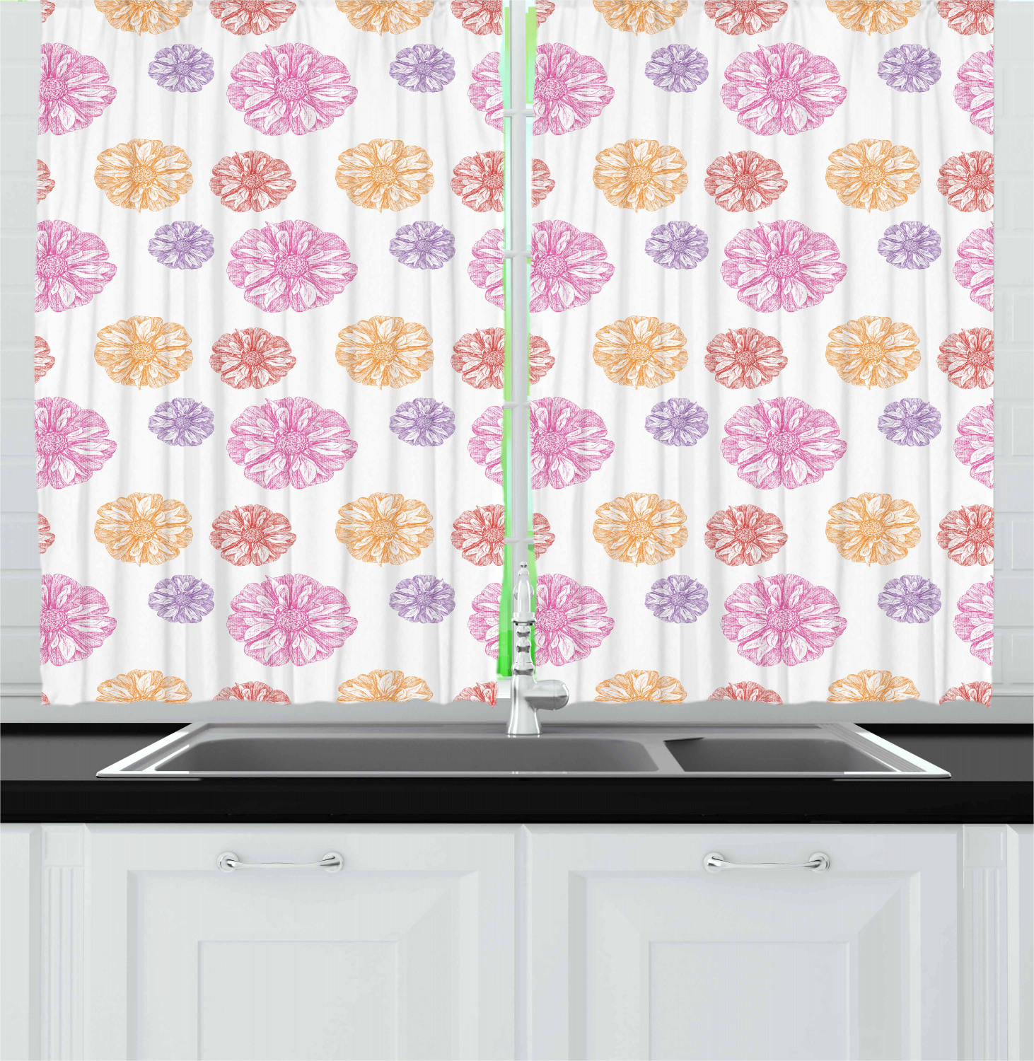 Aster Flower Kitchen Curtains 2 Panel Set Window Drapes 55" X 39" Ambesonne