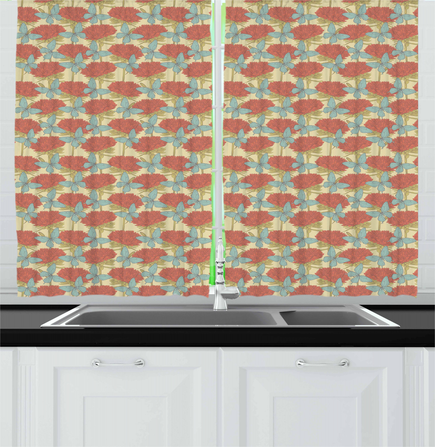 Aster Flower Kitchen Curtains 2 Panel Set Window Drapes 55" X 39" Ambesonne