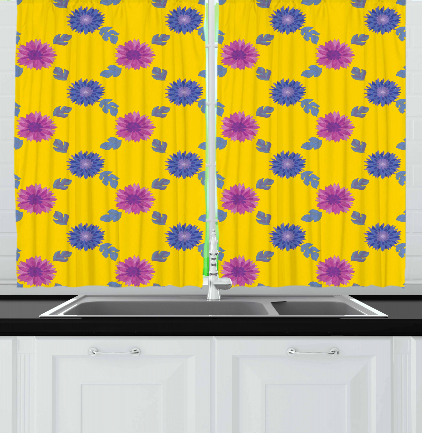 Aster Flower Kitchen Curtains 2 Panel Set Window Drapes 55" X 39" Ambesonne