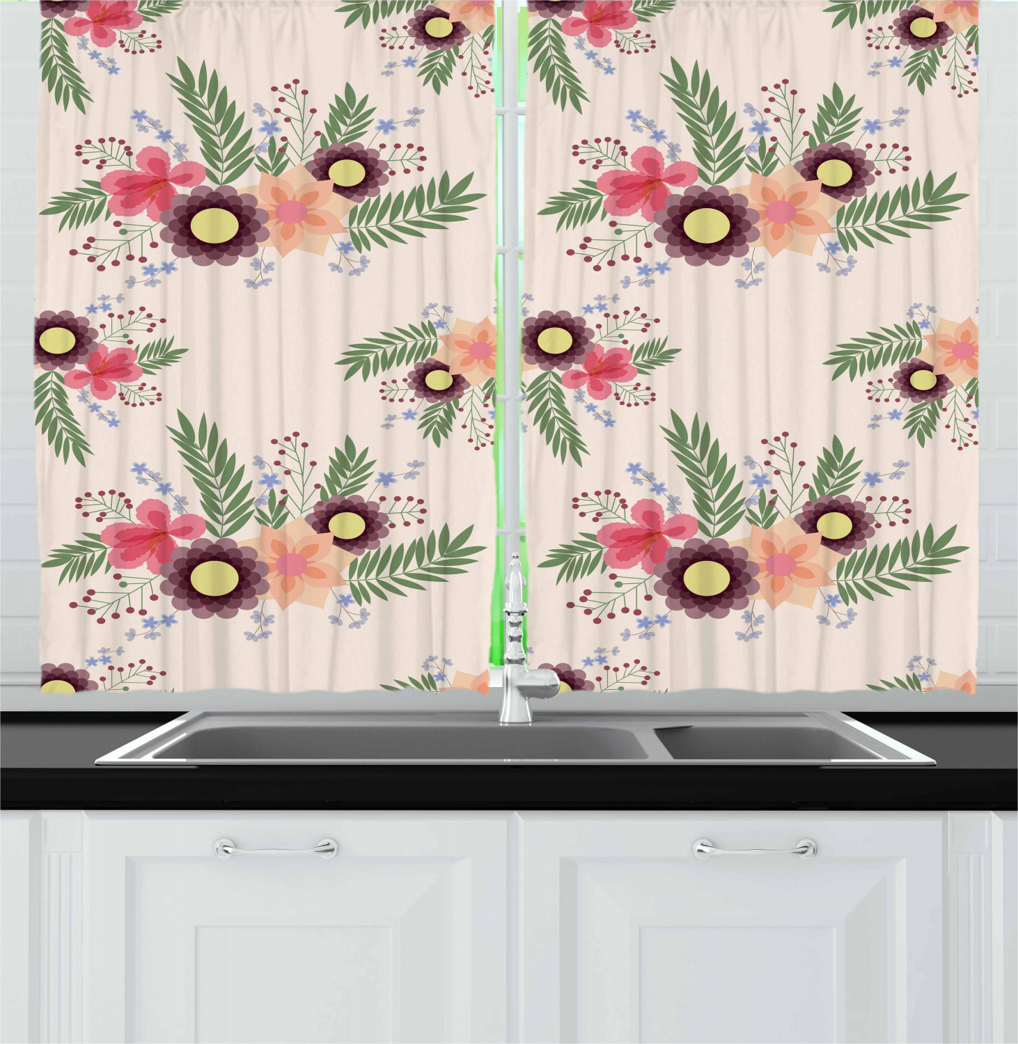 Aster Flower Kitchen Curtains 2 Panel Set Window Drapes 55" X 39" Ambesonne