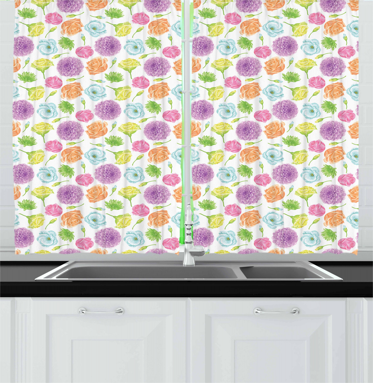 Aster Flower Kitchen Curtains 2 Panel Set Window Drapes 55" X 39" Ambesonne