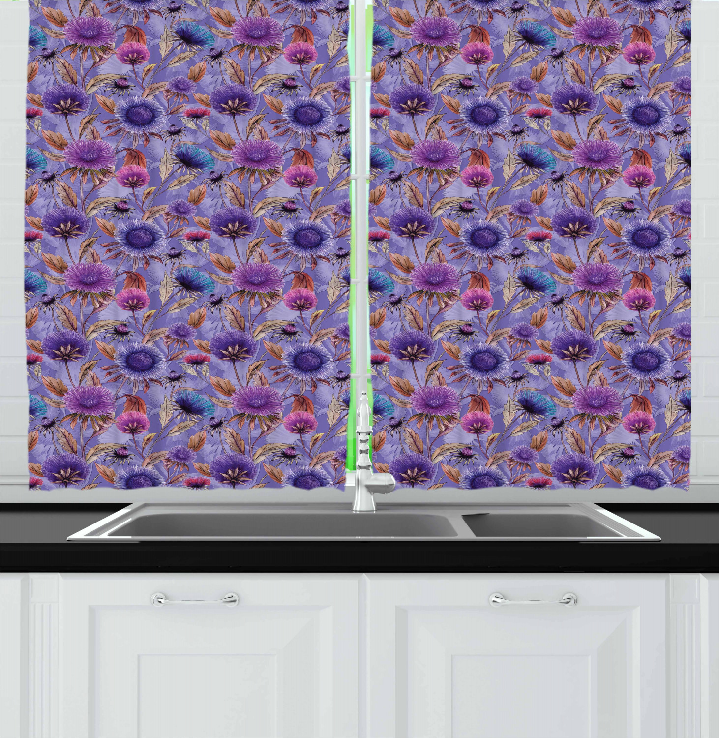 Aster Flower Kitchen Curtains 2 Panel Set Window Drapes 55" X 39" Ambesonne