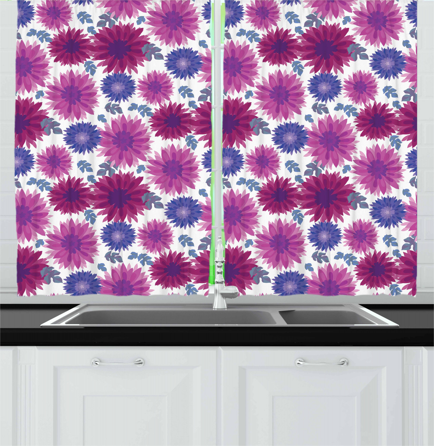 Aster Flower Kitchen Curtains 2 Panel Set Window Drapes 55" X 39" Ambesonne