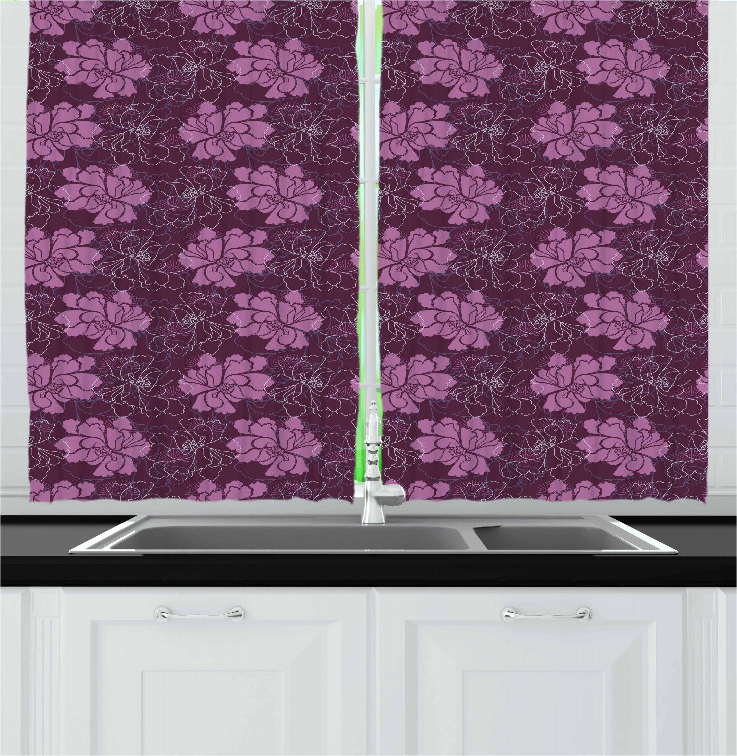 Aster Flower Kitchen Curtains 2 Panel Set Window Drapes 55" X 39" Ambesonne