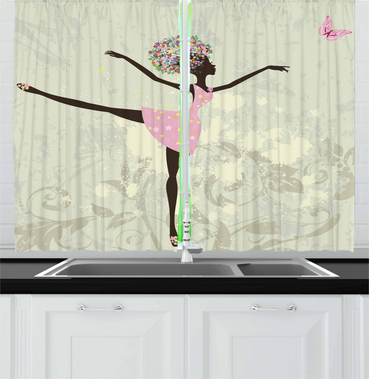 Ballet Kitchen Curtains 2 Panel Set Window Drapes 55" X 39" by Ambesonne 