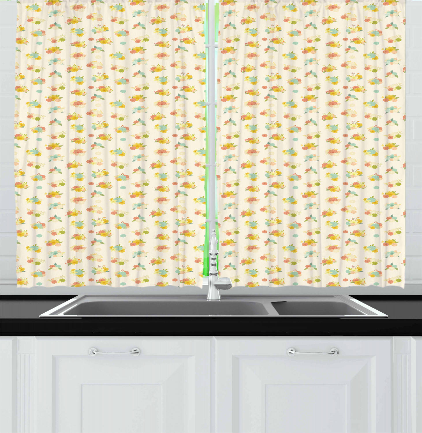 Flower Garden Kitchen Curtains 2 Panel Set Window Drapes 55" X 39" by