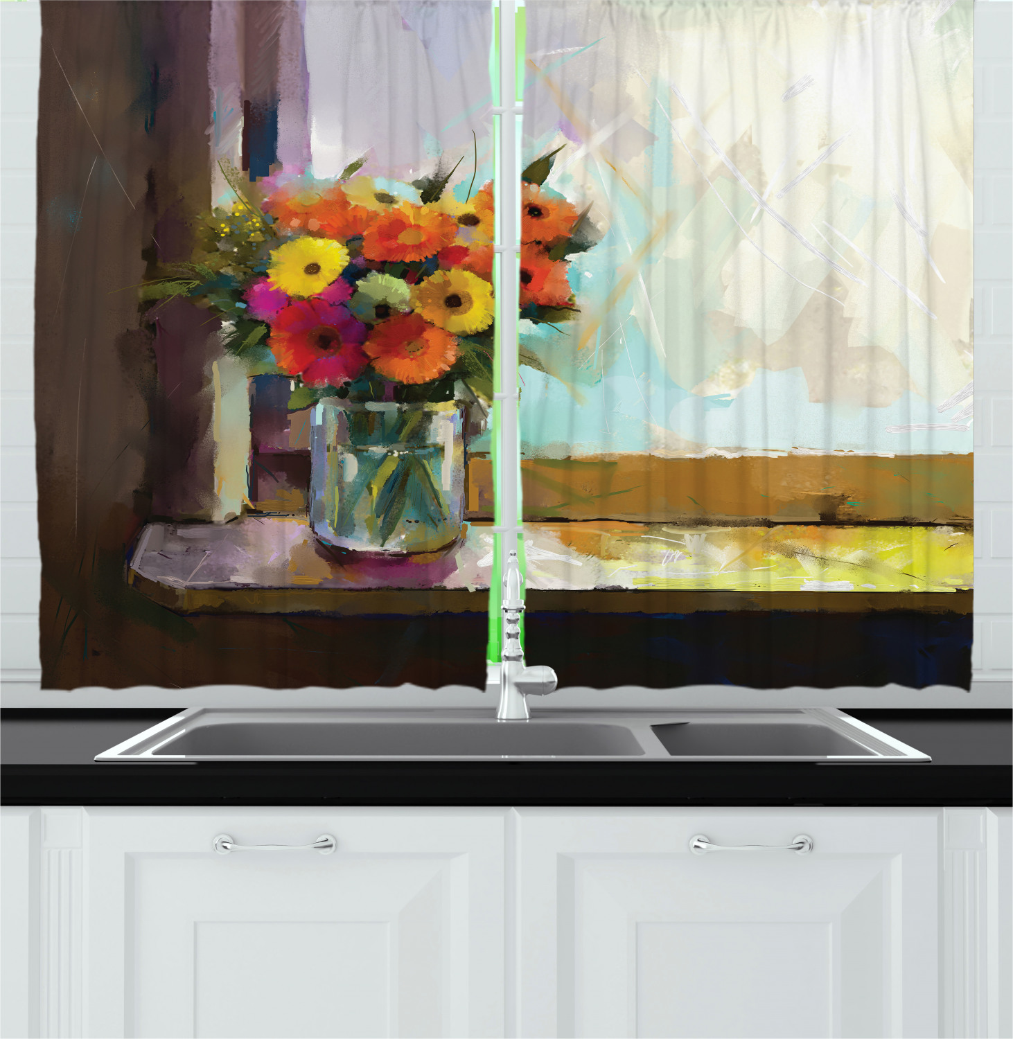 Gerber Daisy Kitchen Curtains 2 Panel Set Window Drapes 55 X 39