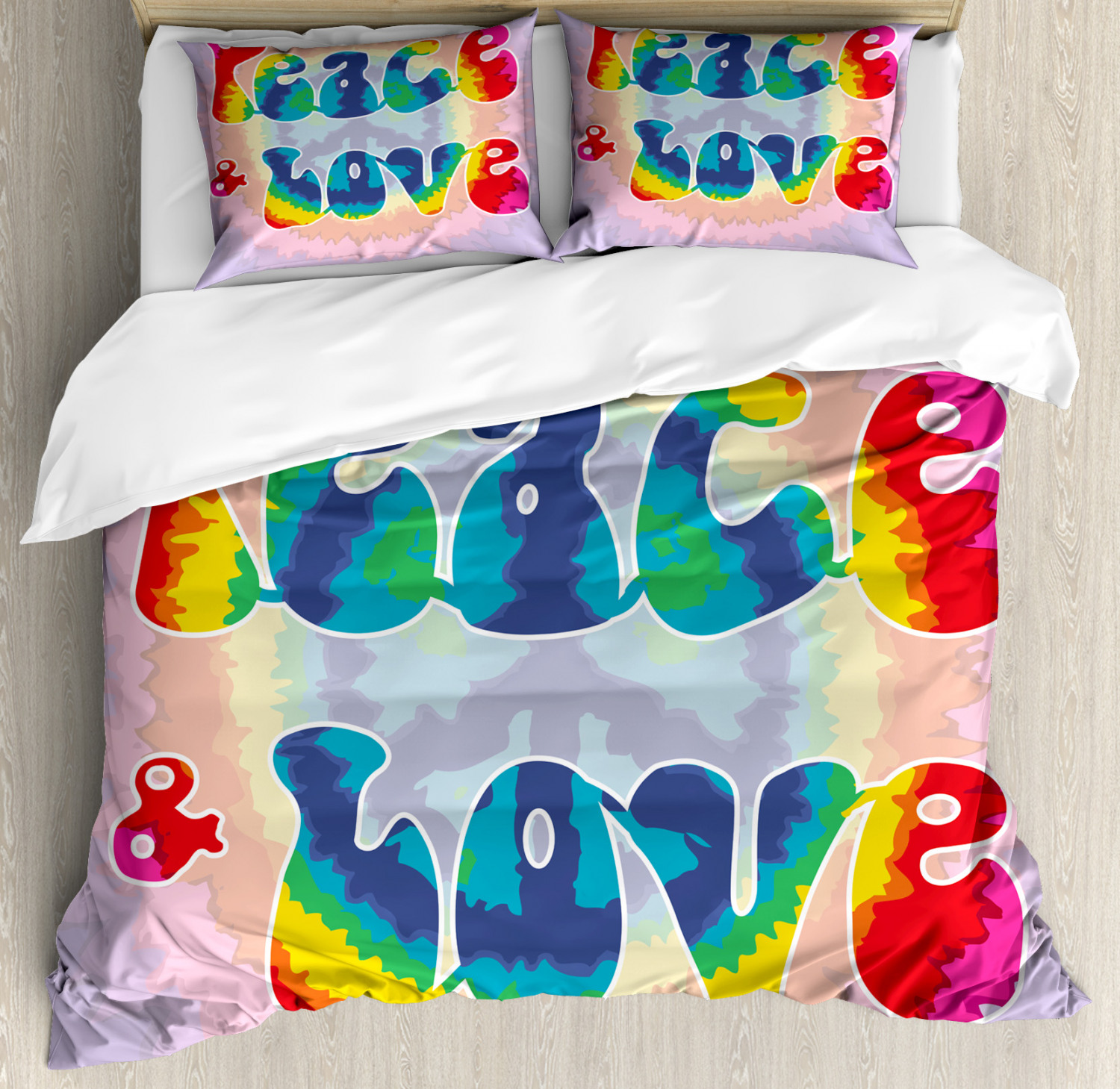 Hippie Duvet Cover Set With Pillow Shams Youth Peace Love Tie Dye Print