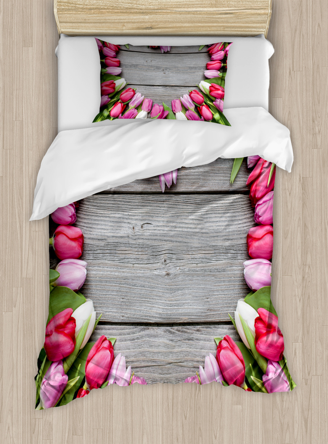Colorful Duvet Cover Set with Pillow Shams Frame of Fresh Tulips Print