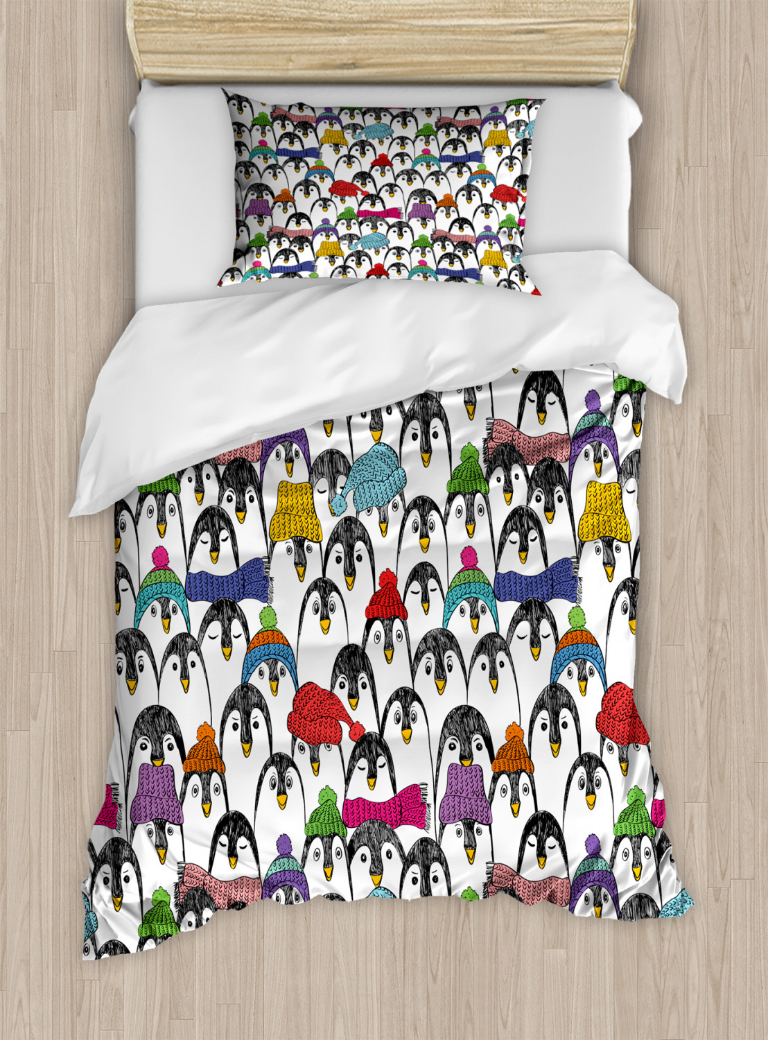 Animal Duvet Cover Set with Pillow Shams Hand Drawn Penguins Art Print 