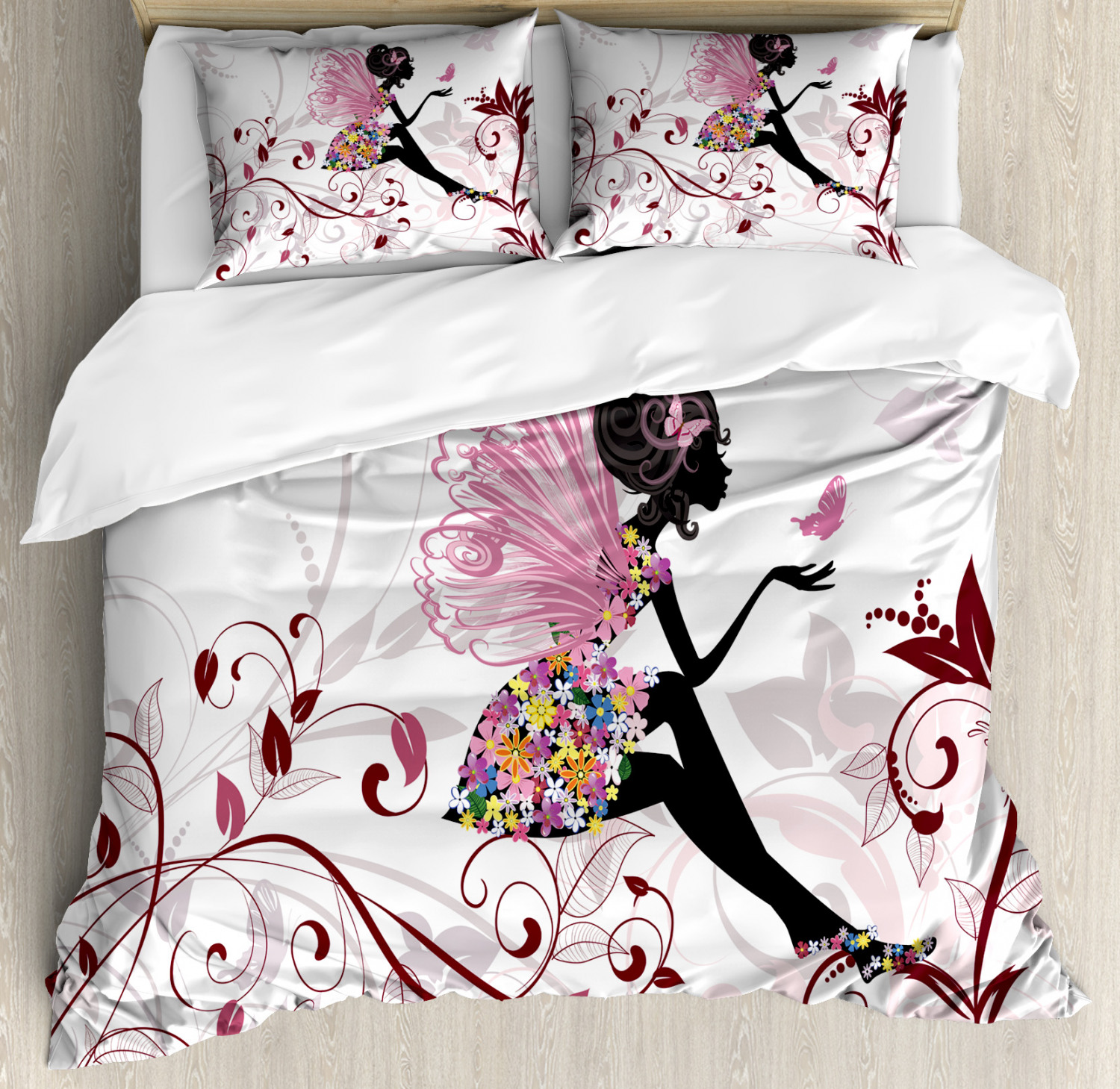 Spring Quilted Bedspread & Pillow Shams Set Flower Fairy Butterflies Print 