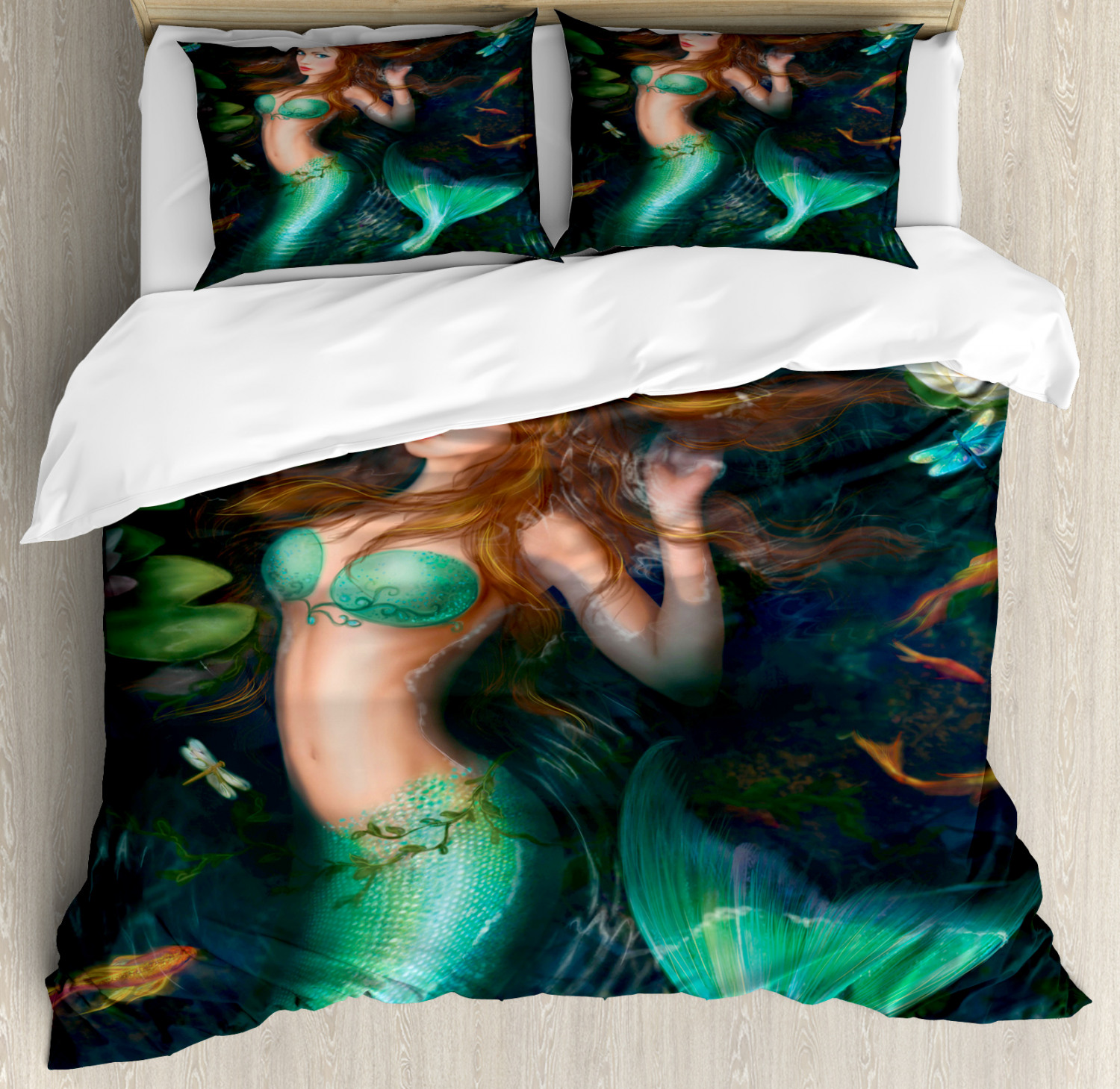 Fairytale Duvet Cover Set with Pillow Shams Mermaid Lake Lilies Print - Picture 3 of 8