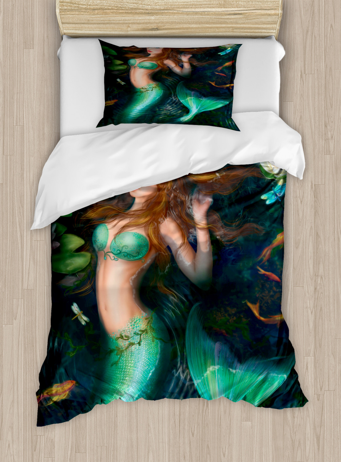 Fairytale Duvet Cover Set with Pillow Shams Mermaid Lake Lilies Print - Picture 7 of 8