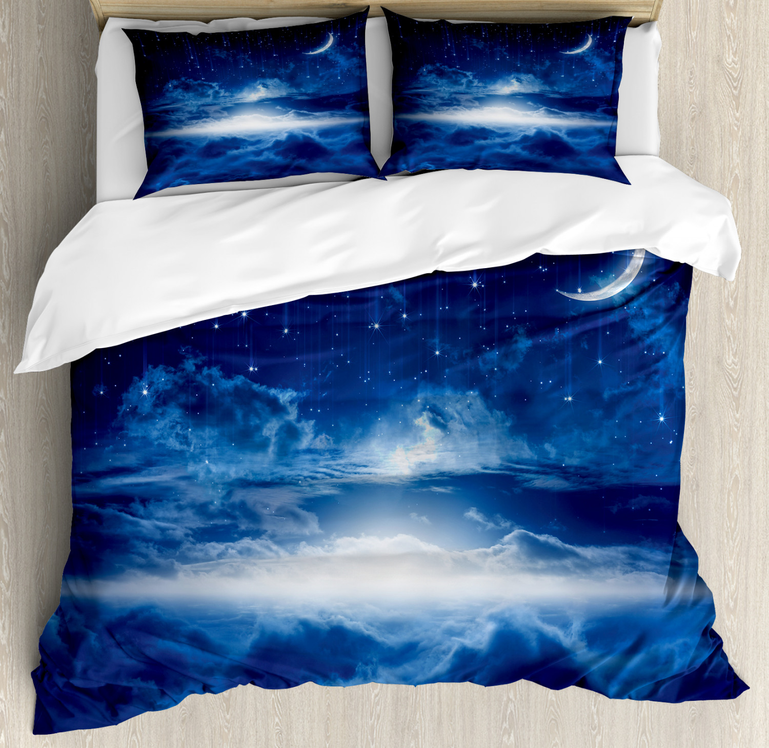 Blue White Duvet Cover Set With Pillow Shams Night Sky Moon Stars