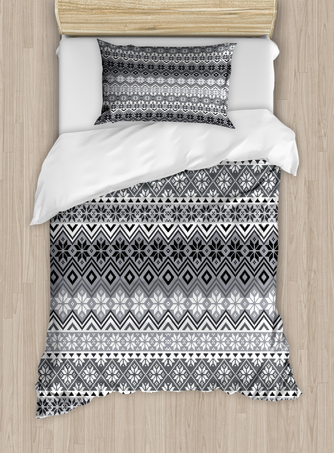 Grey Duvet Cover Set with Pillow Shams Nordic Snowflake Pattern Print ...