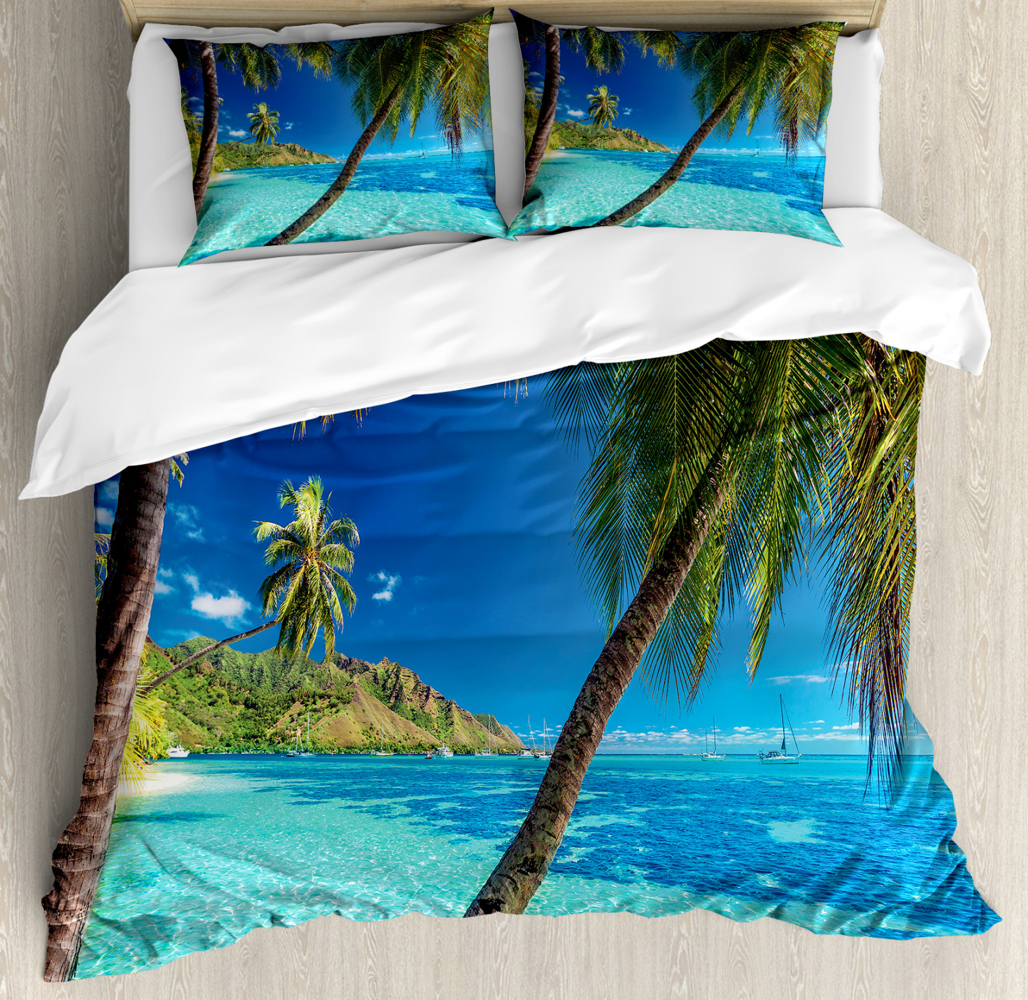 Tropical Duvet Cover Set With Pillow Shams Palm Trees Sea Beach