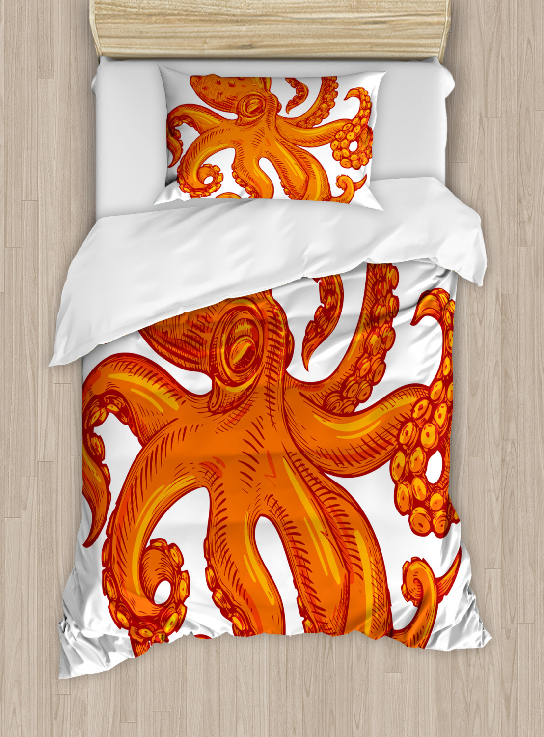 Octopus Quilted Coverlet & Pillow Shams Set Orange Animal Wildlife Print 