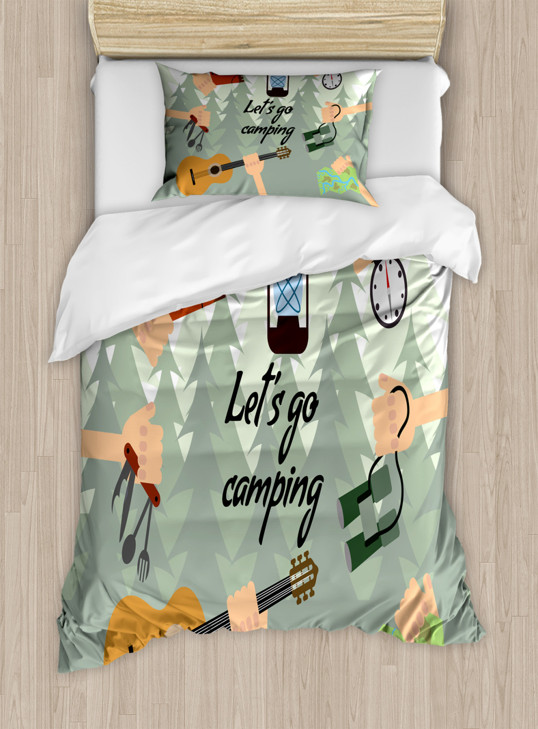 100% Natrliche Baumwolle Glckliches Camping Bettbezug 155x220cm   Bohemian Aquarell Holz Design Bettwsche Set