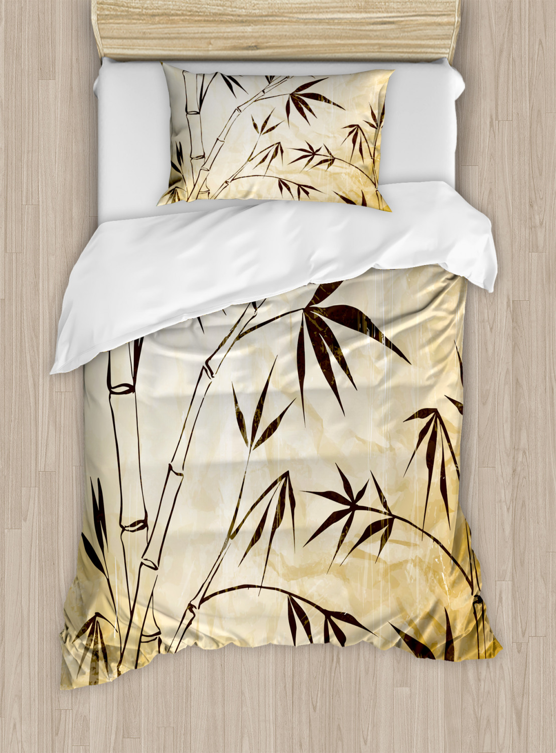 Grey Duvet Cover Set with Pillow Shams Traditional Bamboo Leaves Print 