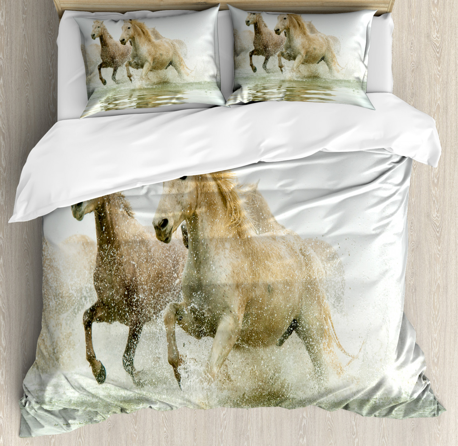 White Duvet Cover Set with Pillow Shams Camargue Horses in Water Print