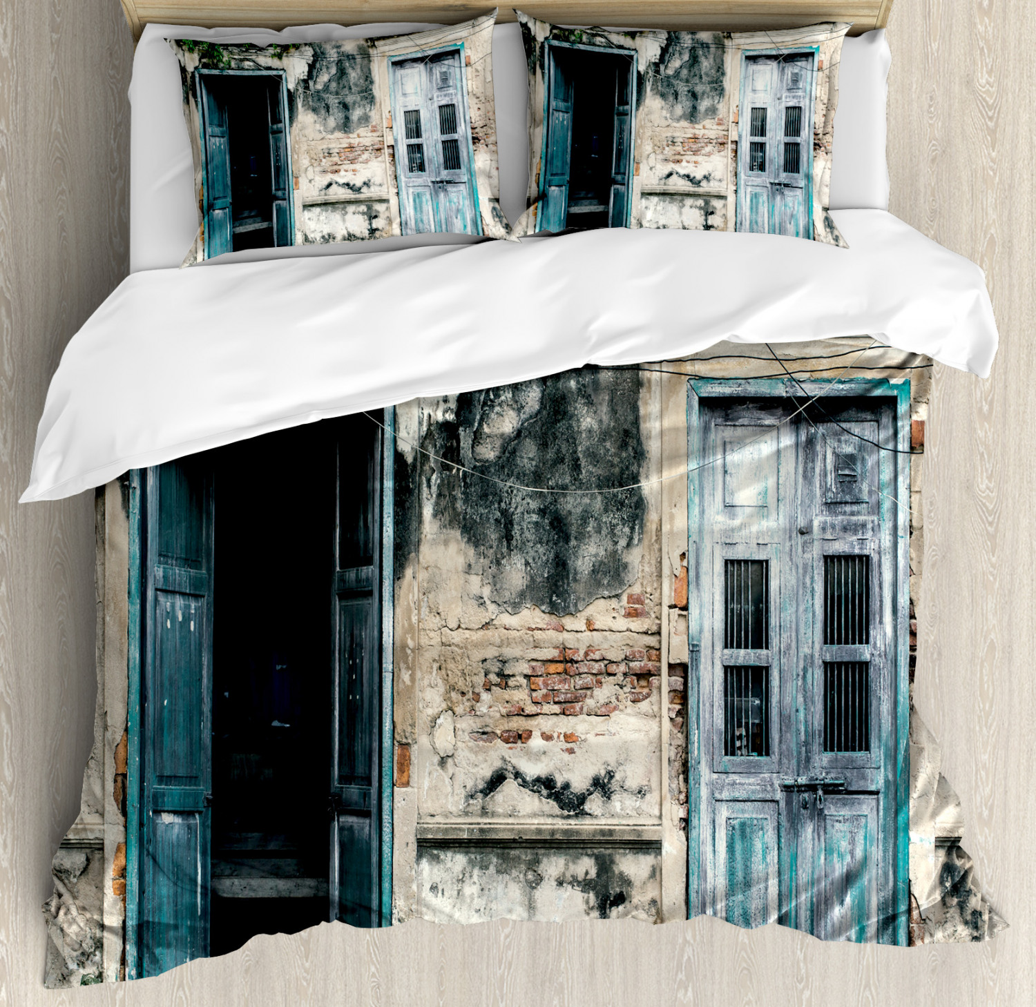 Rustic Duvet Cover Set with Pillow Shams Doors of Old Rock House Print