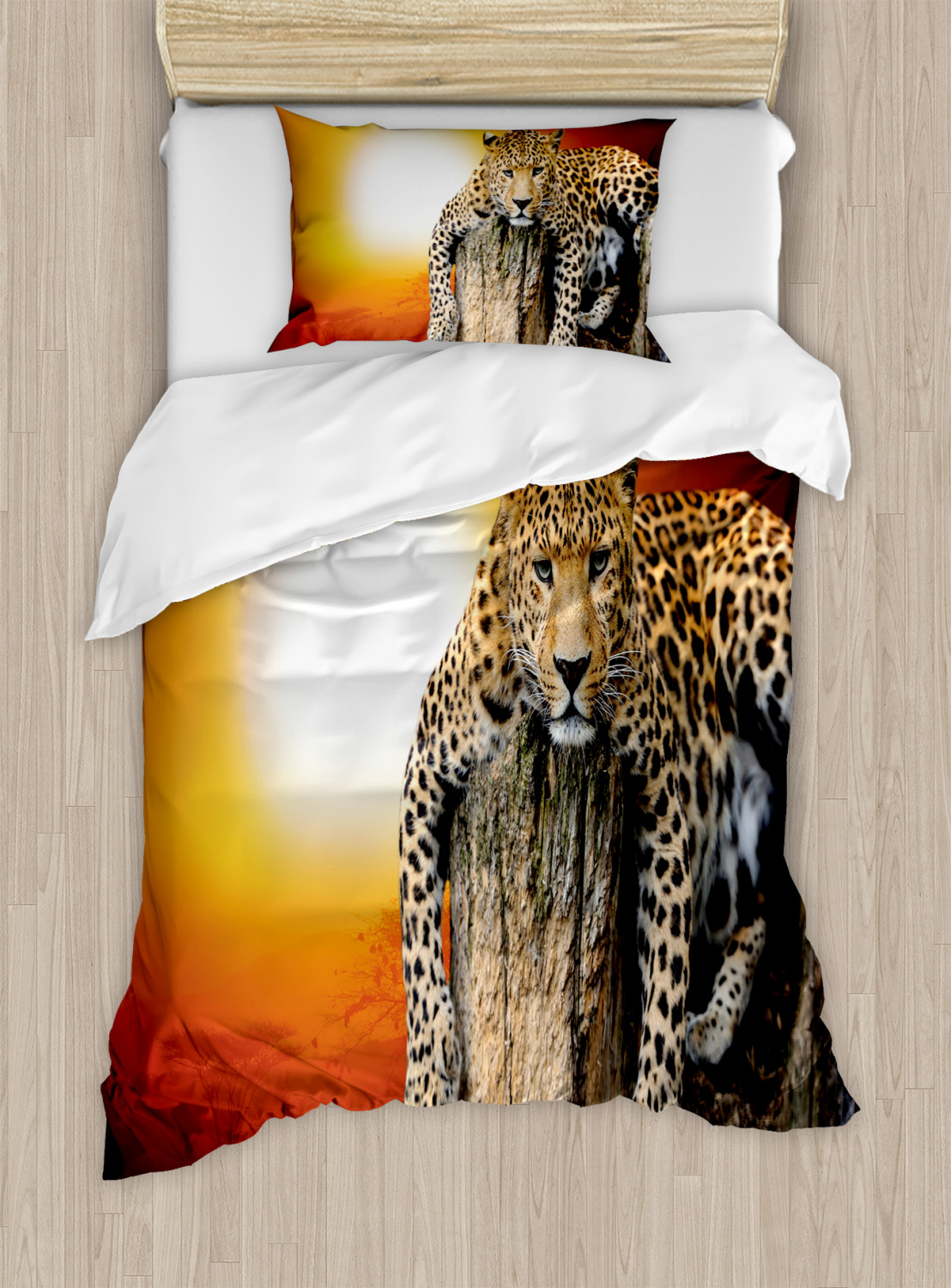 African Duvet Cover Set with Pillow Shams Safari Leopard on Tree Print