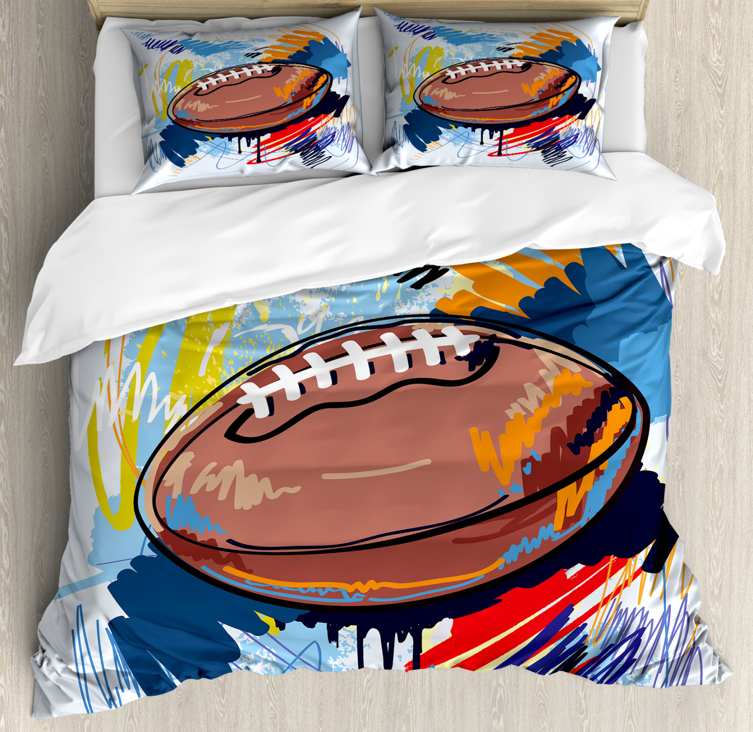 Colorful Duvet Cover Set with Pillow Shams Rugby Ball Sketch Art Print