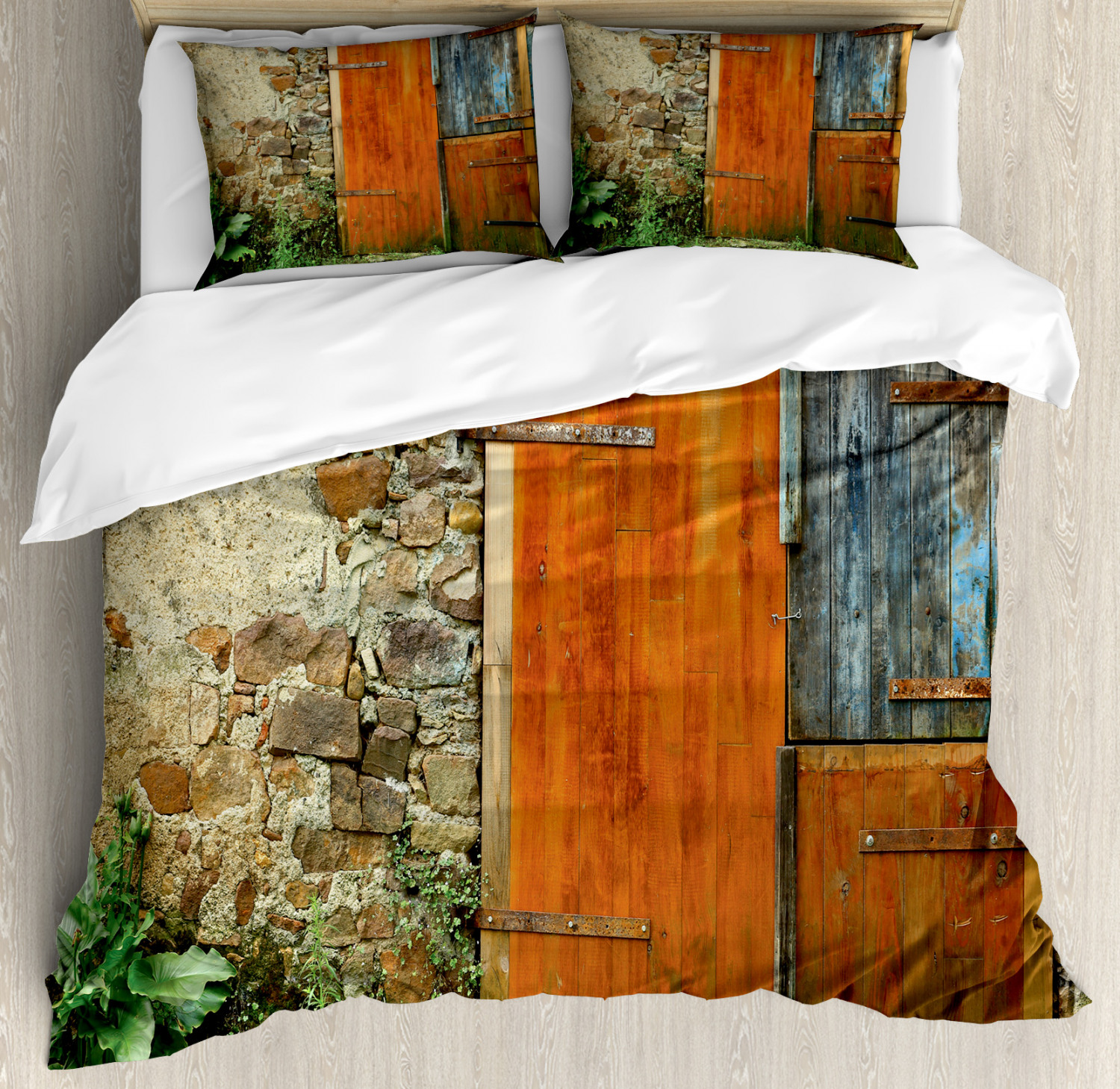 Rustic Duvet Cover Set with Pillow Shams Old French Wooden Door Print