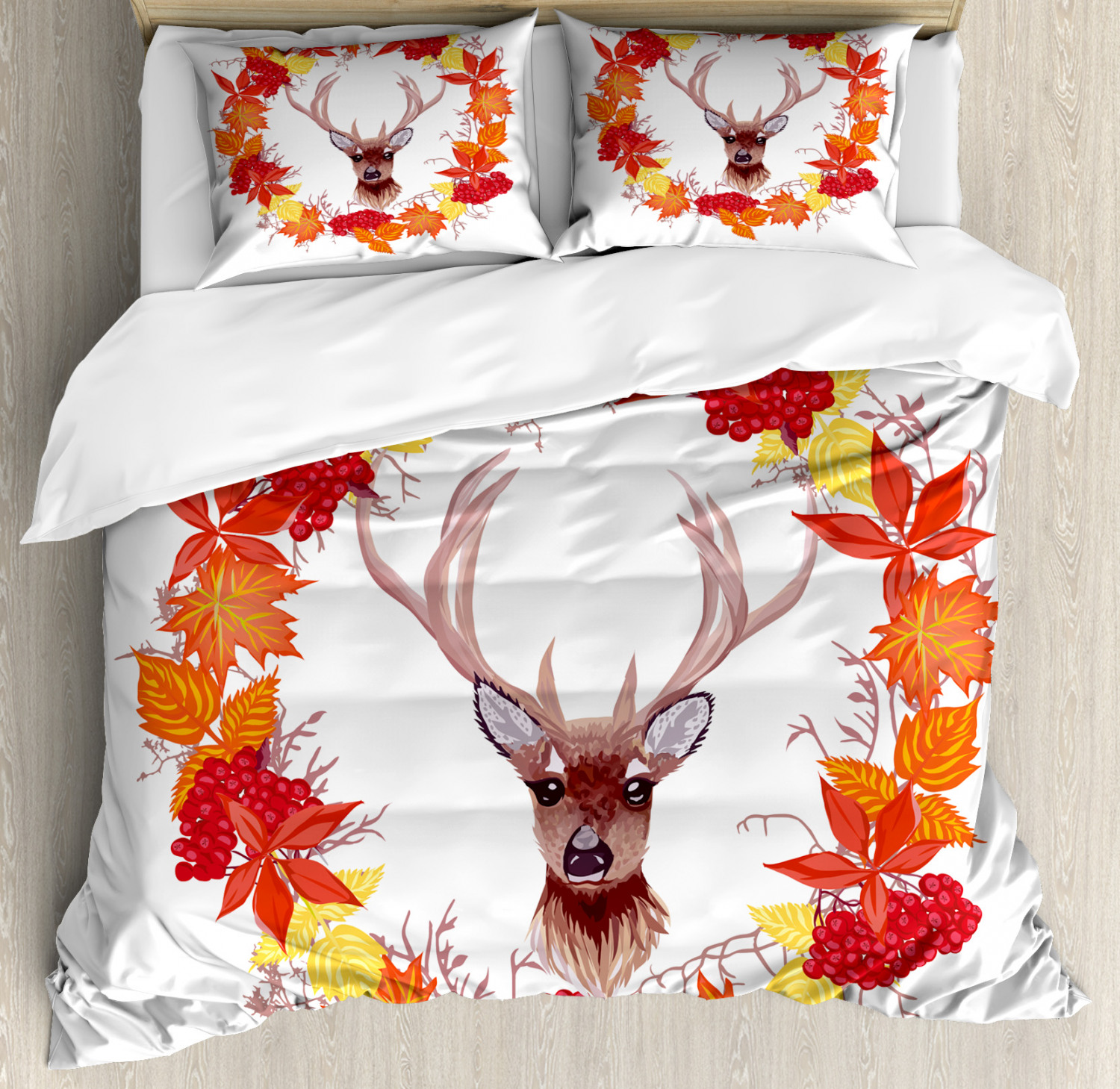 Deer Duvet Cover Set with Pillow Shams Autumn Leaves Wreath Art Print eBay