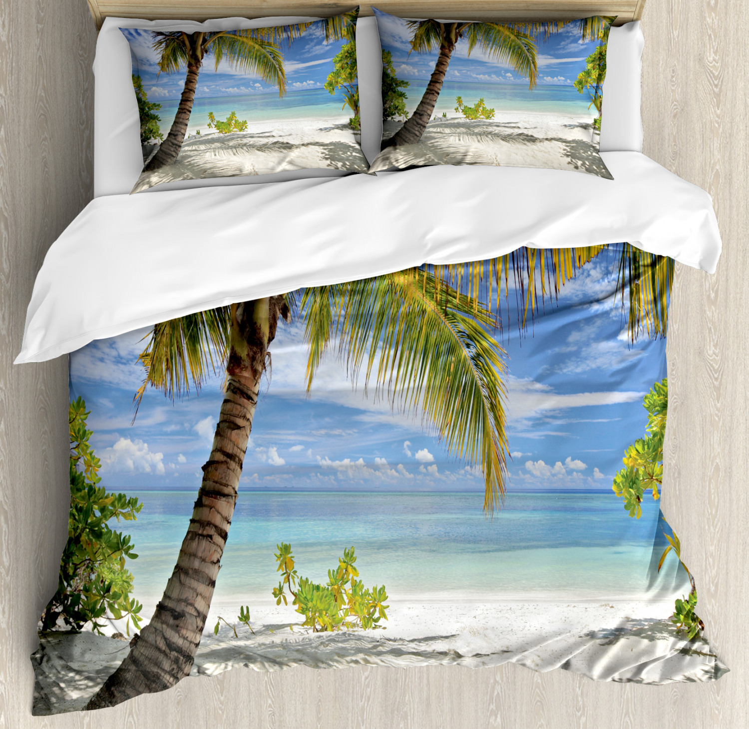 Tropical Duvet Cover Set With Pillow Shams Palm Trees Coastline