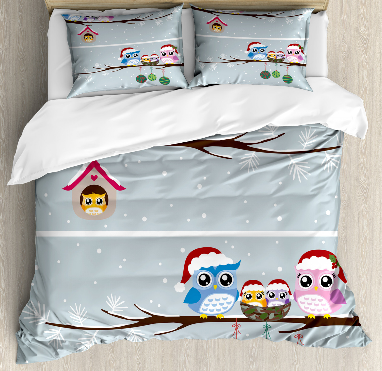 Owl Duvet Cover Set With Pillow Shams Owls With Santa Hats Print