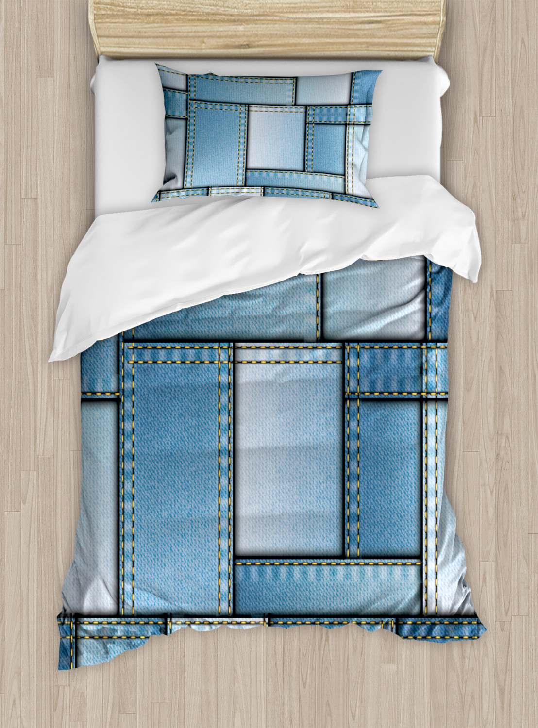 Blue Duvet Cover Set with Pillow Shams Denim Patchwork Pattern Print eBay