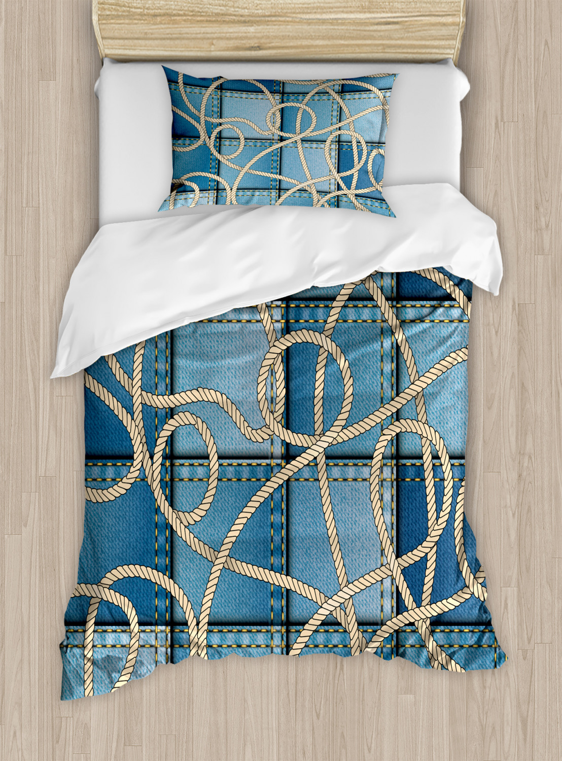 Blue Duvet Cover Set with Pillow Shams Denim Patchwork Rope Print eBay