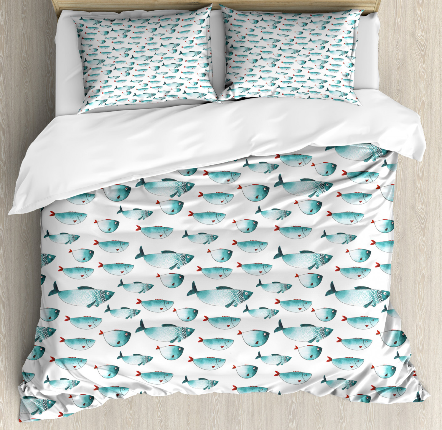 Fish Duvet Cover Set with Pillow Shams Watercolor Marine Animal Print ...