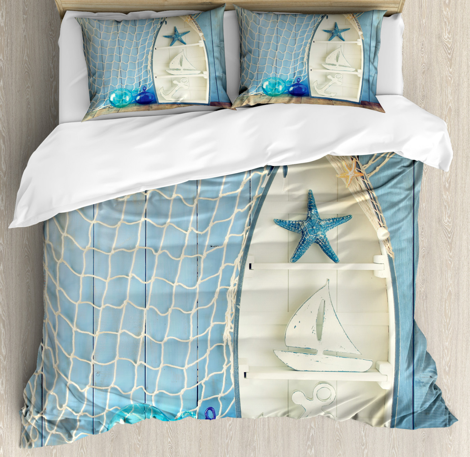 Nautical Duvet Cover Set With Pillow Shams Marine Icons Starfish