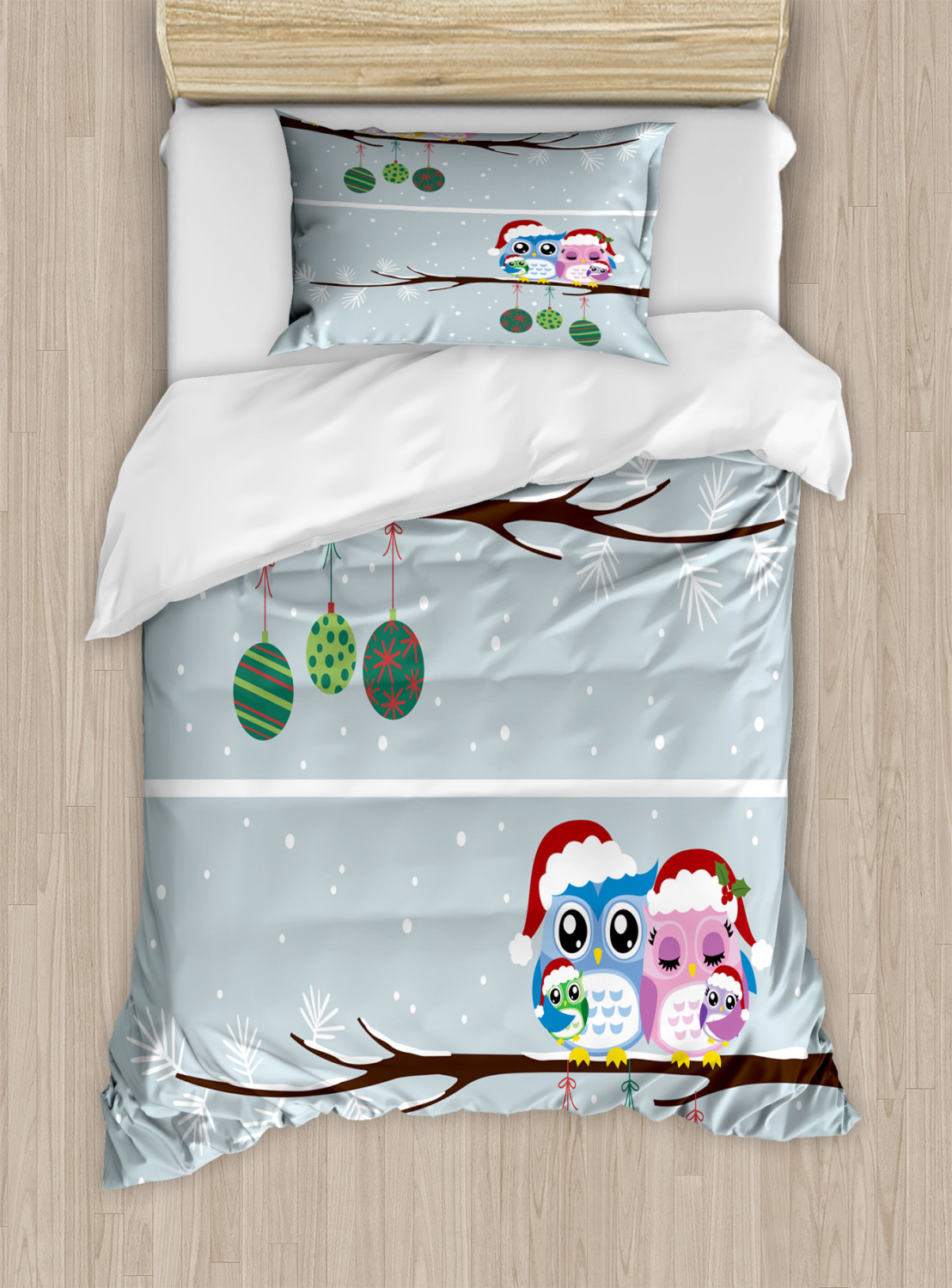 Owl Duvet Cover Set With Pillow Shams Christmas Family On Tree