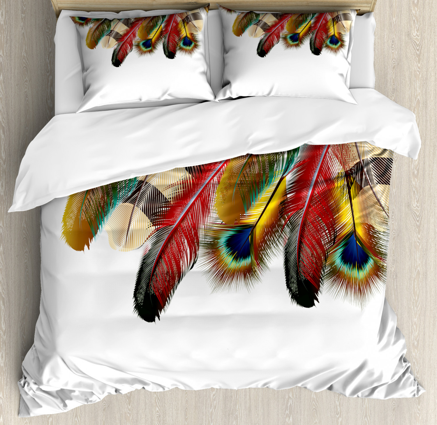 Peacock Duvet Cover Set with Pillow Shams Vibrant Feathers Boho Print