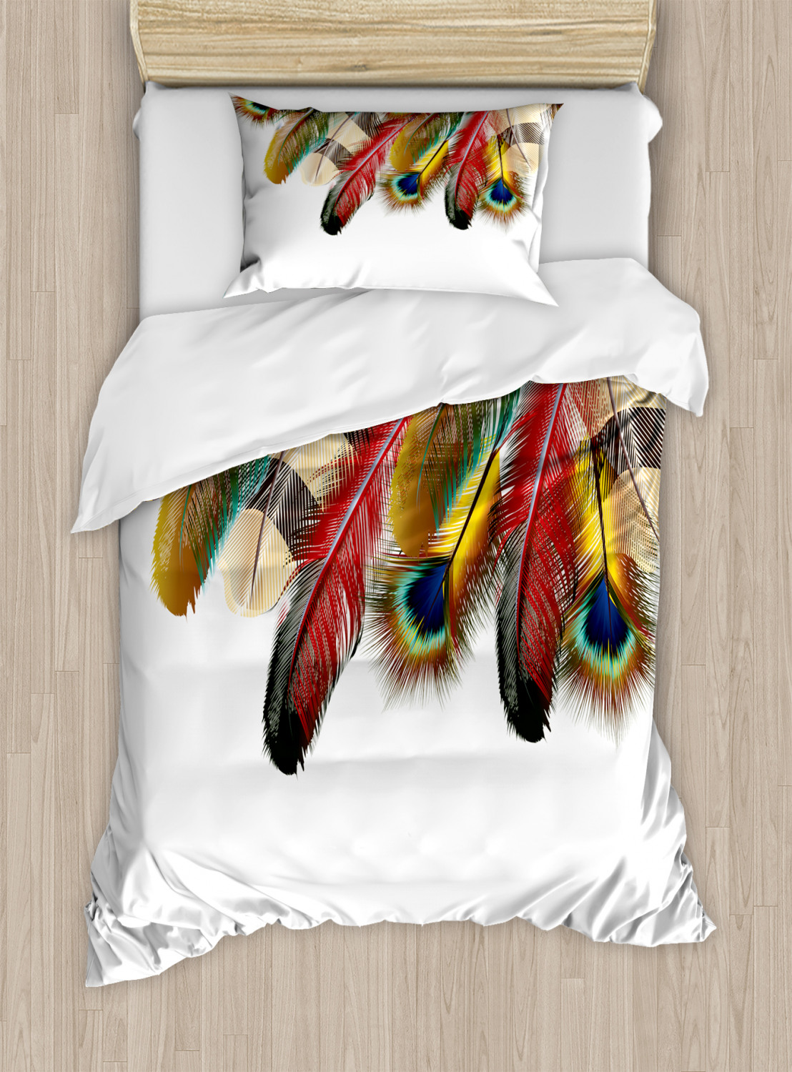 Peacock Duvet Cover Set with Pillow Shams Vibrant Feathers Boho Print