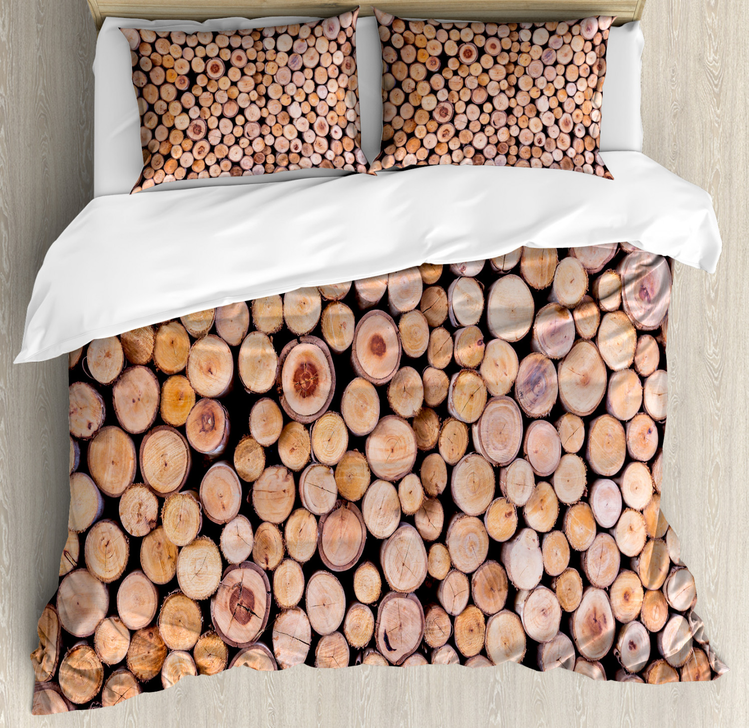 Rustic Duvet Cover Set With Pillow Shams Wooden Lumber Tree Logs