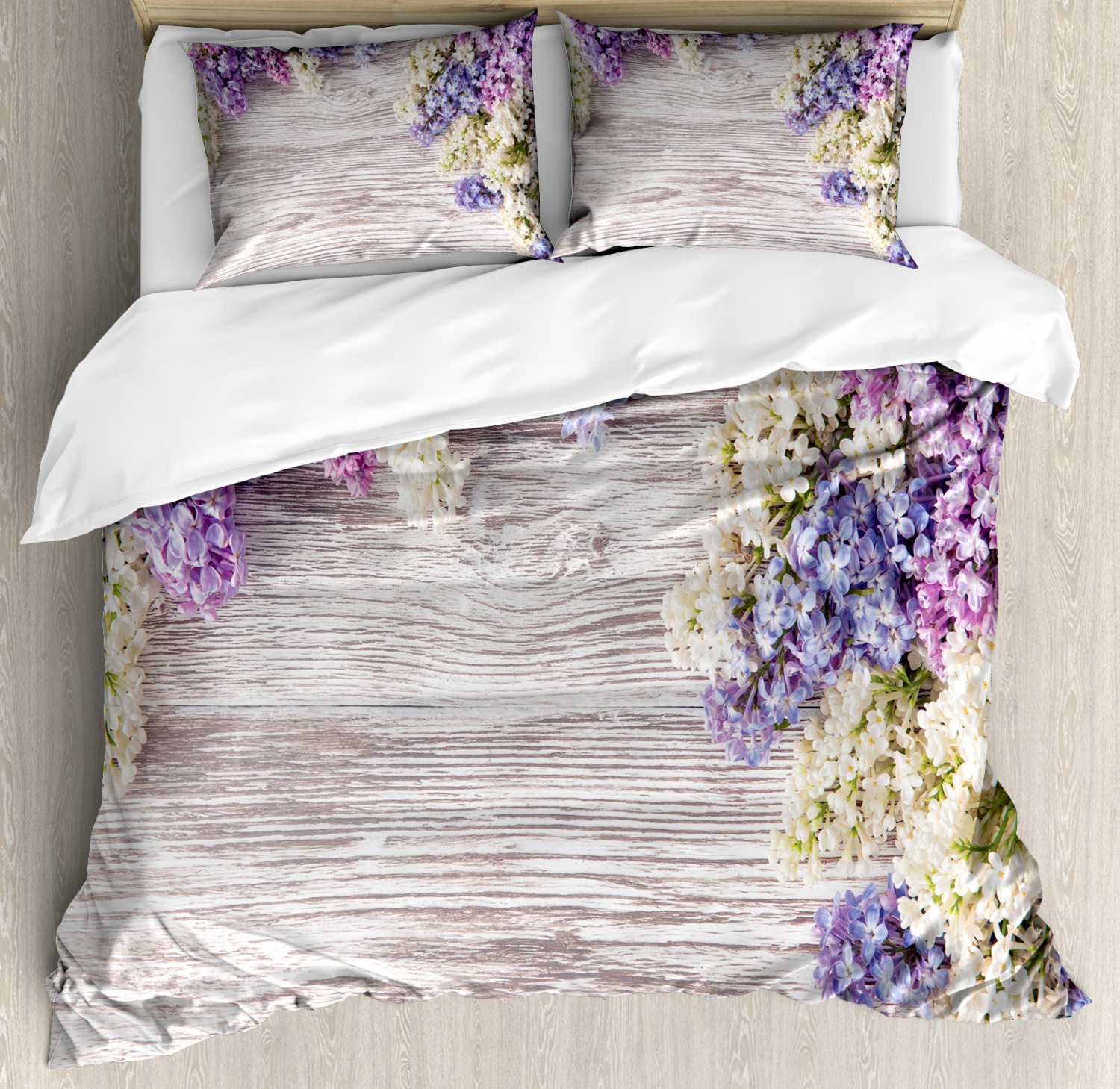 Rustic Duvet Cover Set With Pillow Shams Lilac Flowers Bouquet