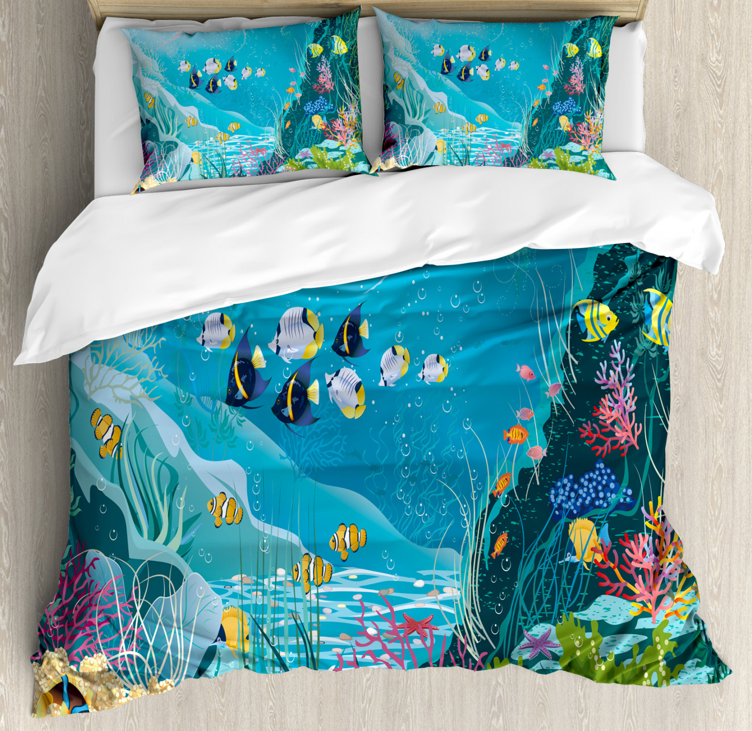 Underwater Scenery Print Fish Quilted Bedspread & Pillow Shams Set 
