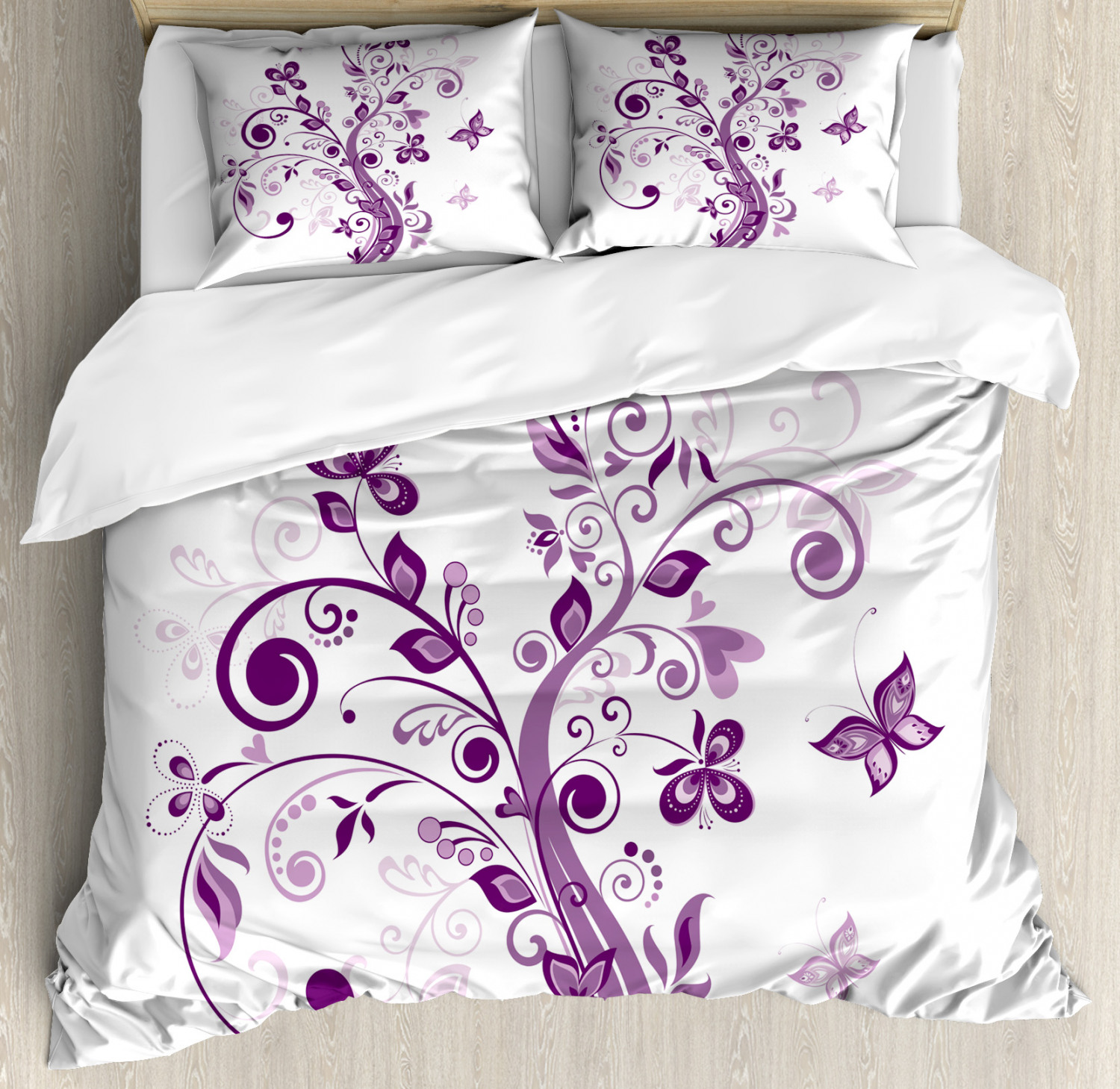 Mauve Duvet Cover Set With Pillow Shams Flowers Leaf Butterlies