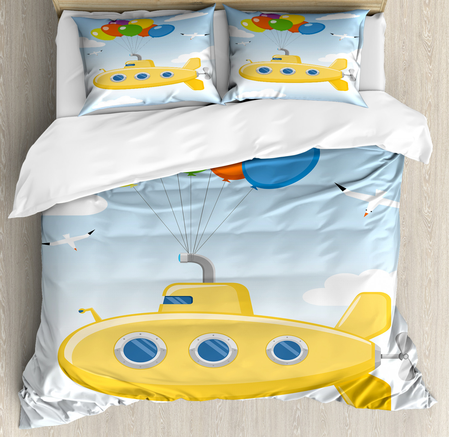 Yellow Submarine Duvet Cover Set with Pillow Shams Flying in Sky Print Yellow Submarine Duvet Cover Set with Pillow Shams Flying in Sky Print