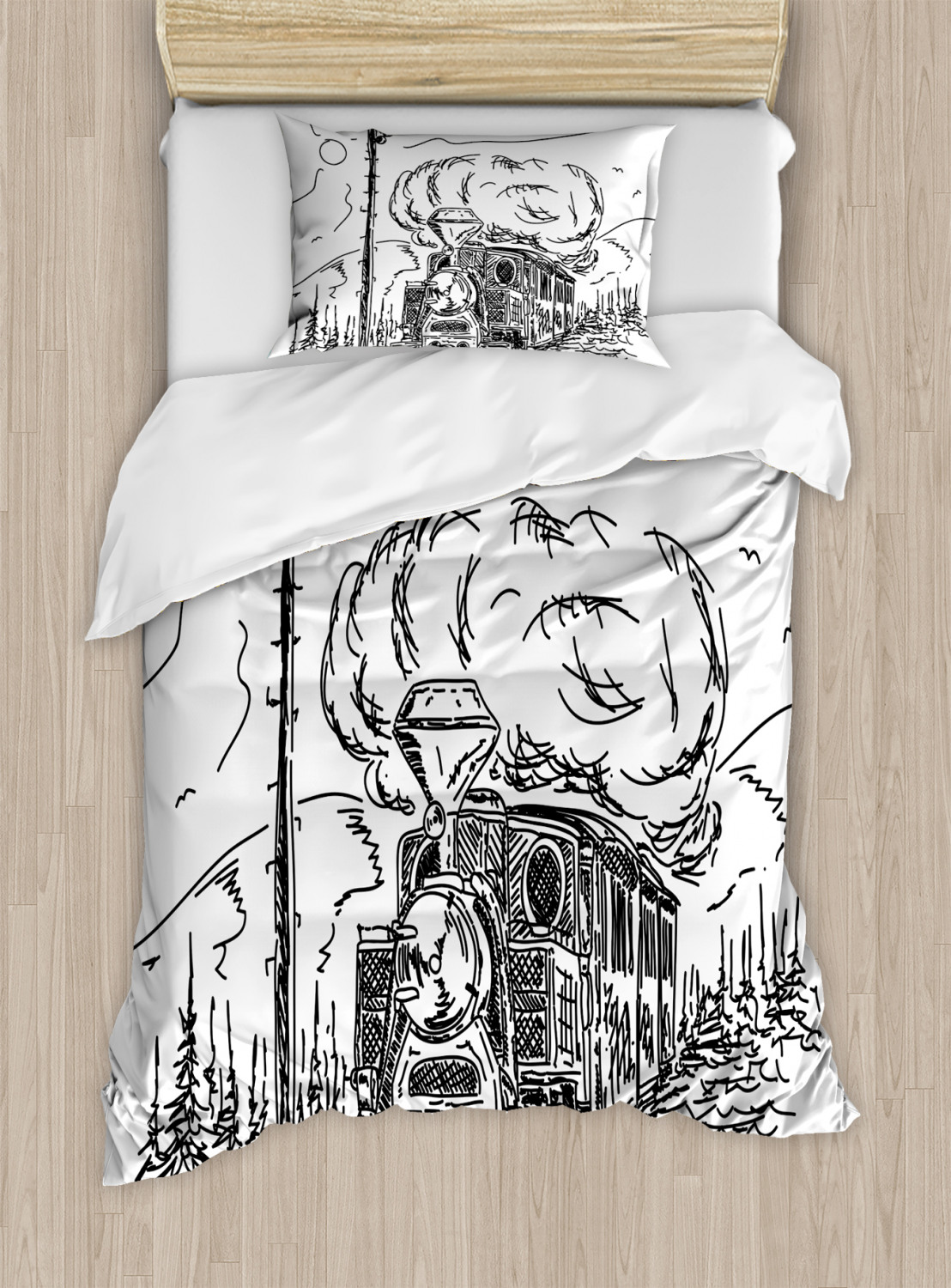 Steam Engine Duvet Cover Set with Pillow Shams Railroad Drawing Print - Picture 7 of 8