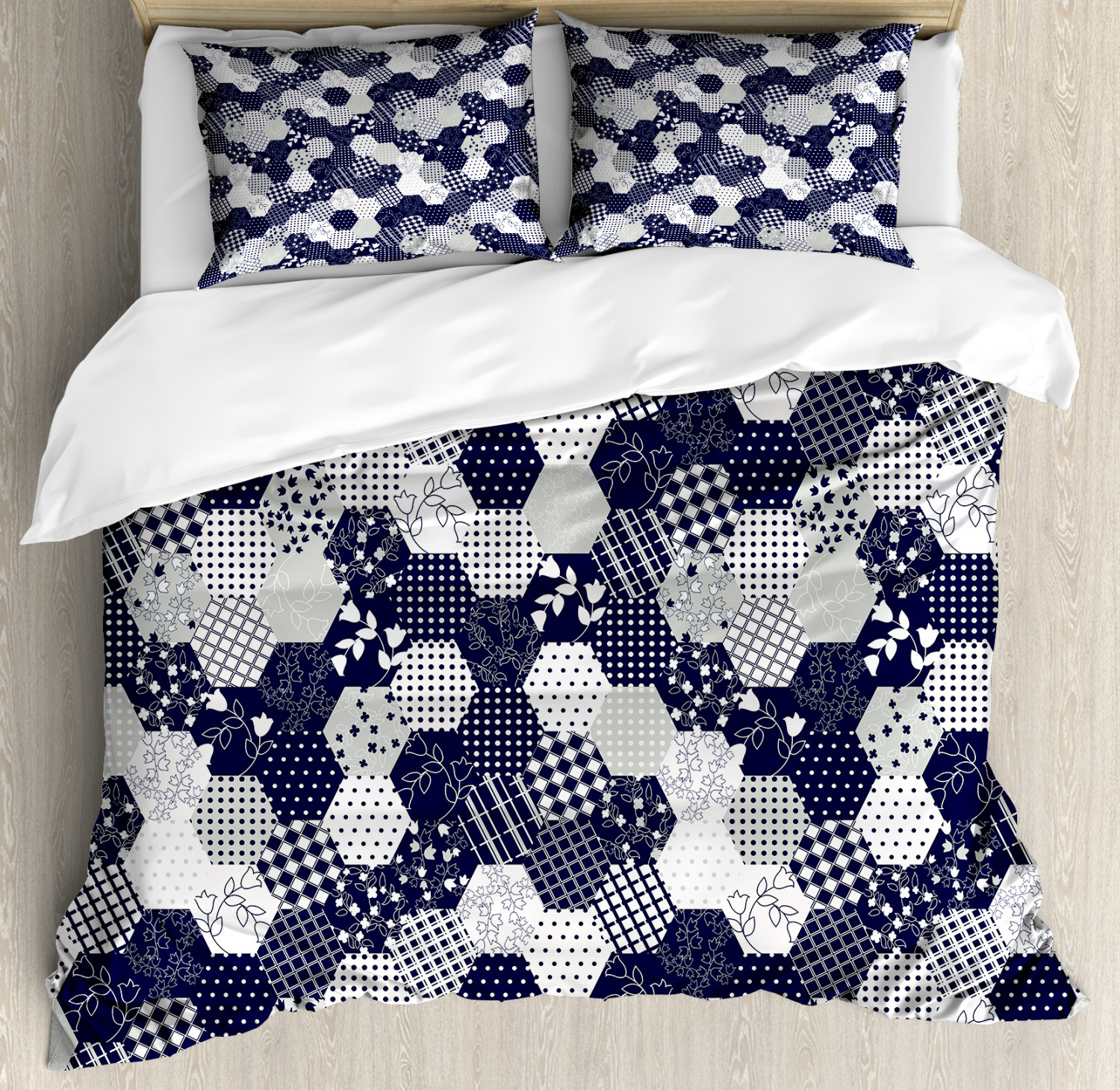 Navy Duvet Cover Set With Pillow Shams Patchwork Style Dots Star