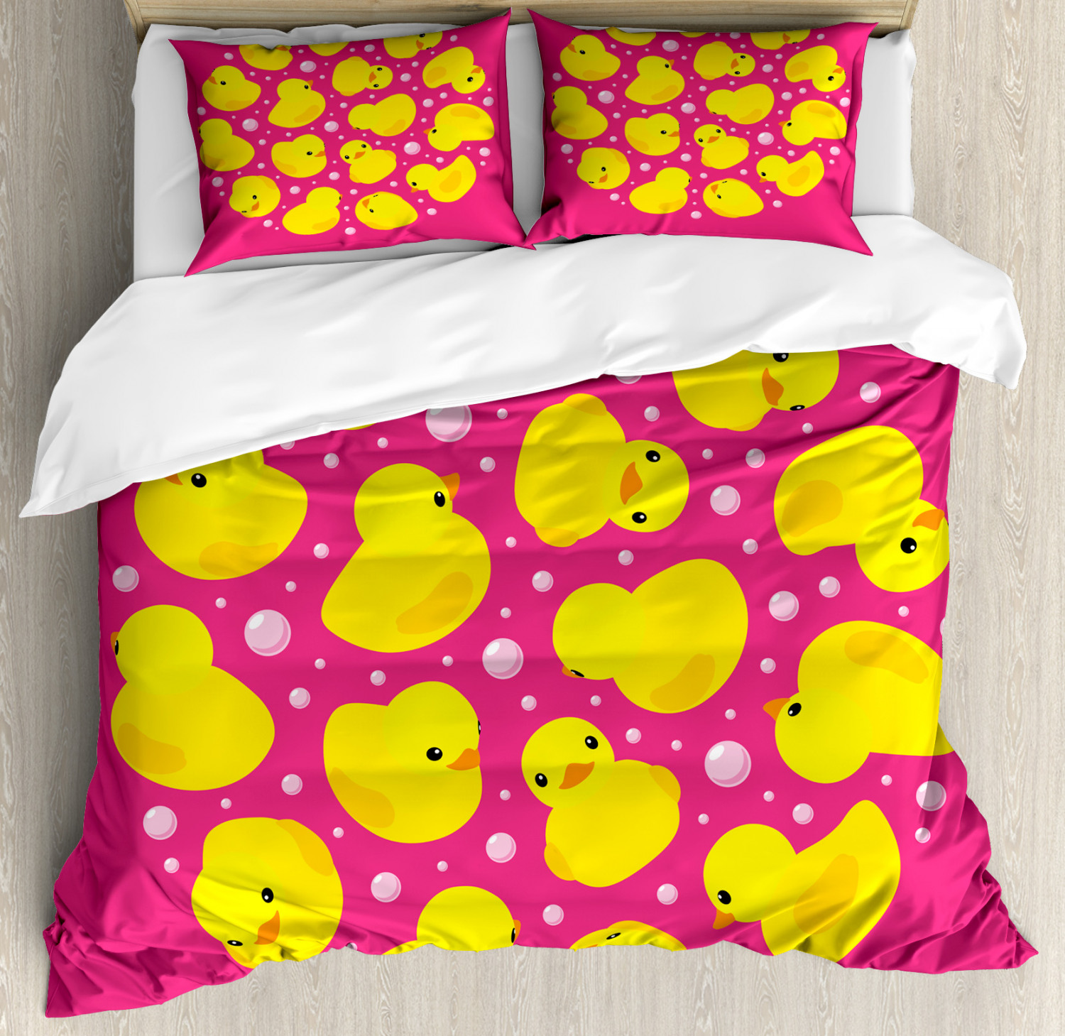 Rubber Duck Duvet Cover Set With Pillow Shams Bubbles Hot Pink